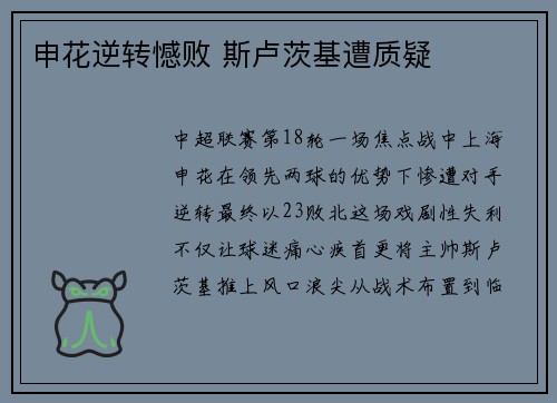 申花逆转憾败 斯卢茨基遭质疑